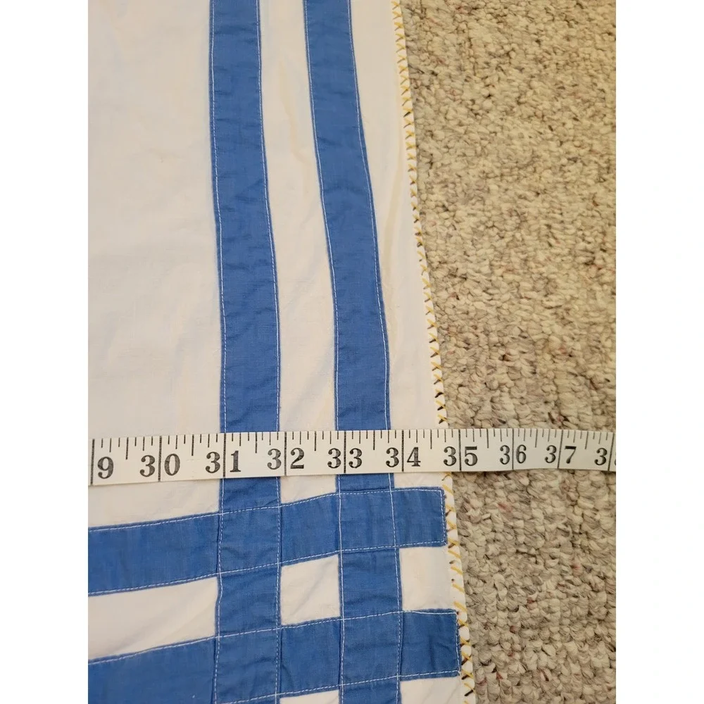 Handmade Vintage Tablecloth Farmhouse Applique Grid Star White Blue Square 35x35
